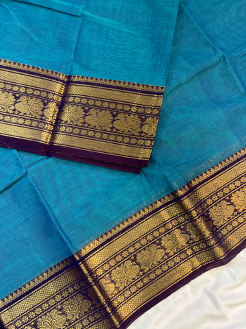 Chettinad cotton saree - blue - plain
