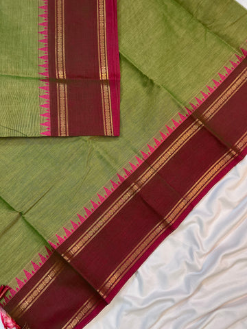 Chettinad cotton saree - green & red -plain