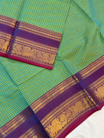Chettinad cotton saree - green &purple - dual tone - checks