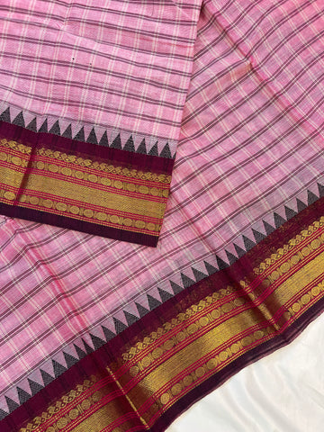 Chettinad cotton saree - onion pink - checks