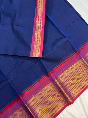 Chettinad cotton saree - nevy blue & pink - plain