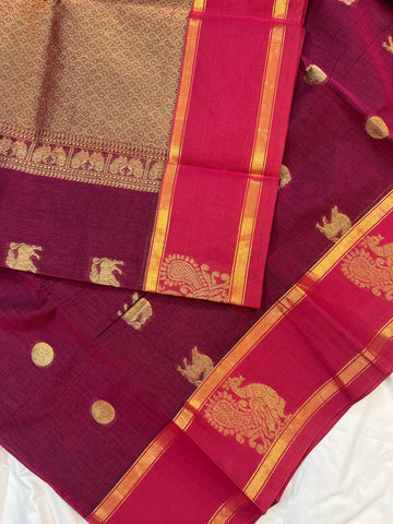 Chettinad cotton saree -  premium weaves- wine  & red