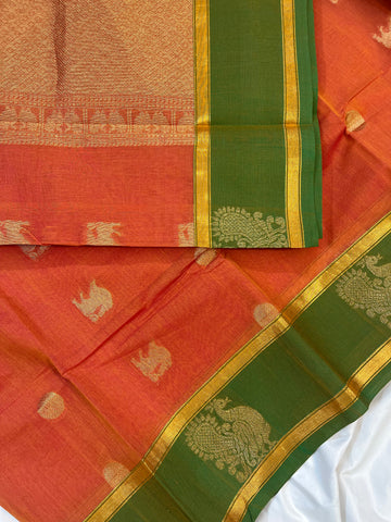 Chettinad cotton saree - “120count”-premium weaves-orange & green