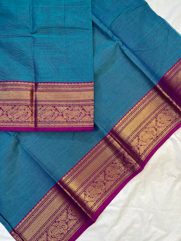 Chettinad cotton saree - teal blue- plain