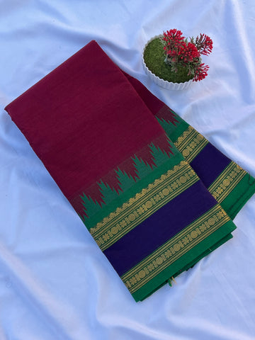 Chettinad cotton maroon & green _ blue plain