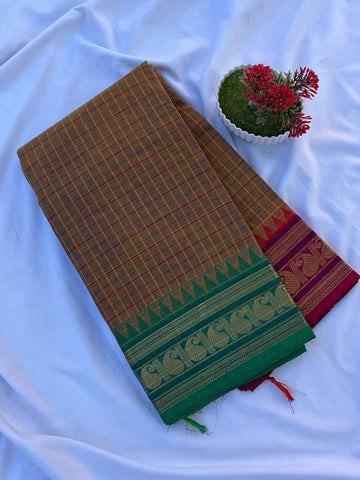 Chettinad cotton brown & green _ red korvai checks