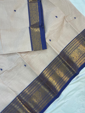 Chettinad cotton saree - half white- & blue butta