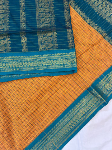 Kalyani cotton saree - yellow & blue