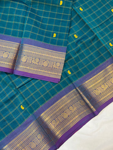 Chettinad cotton saree - Rama blue - checks butta