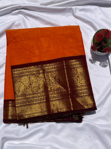Chettinad cotton saree - orange and maroon plain