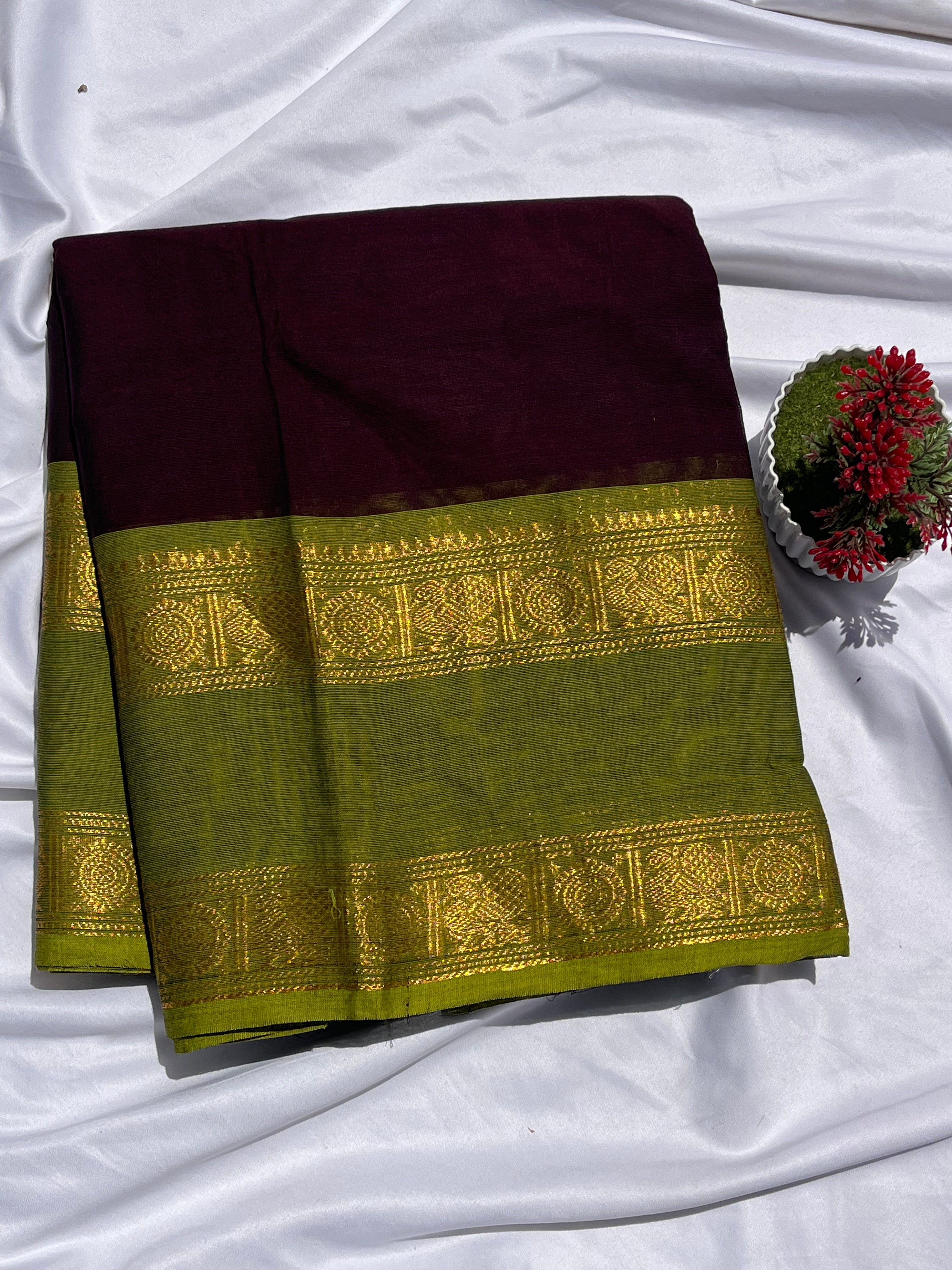 Chettinad cotton coffee brown & parrot green-plain