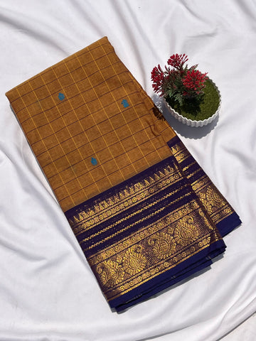 Chettinad cotton mustard yellow & blue checks butta