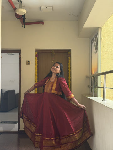 Chettinadu long Gown With Overcoat-Reddish maroon