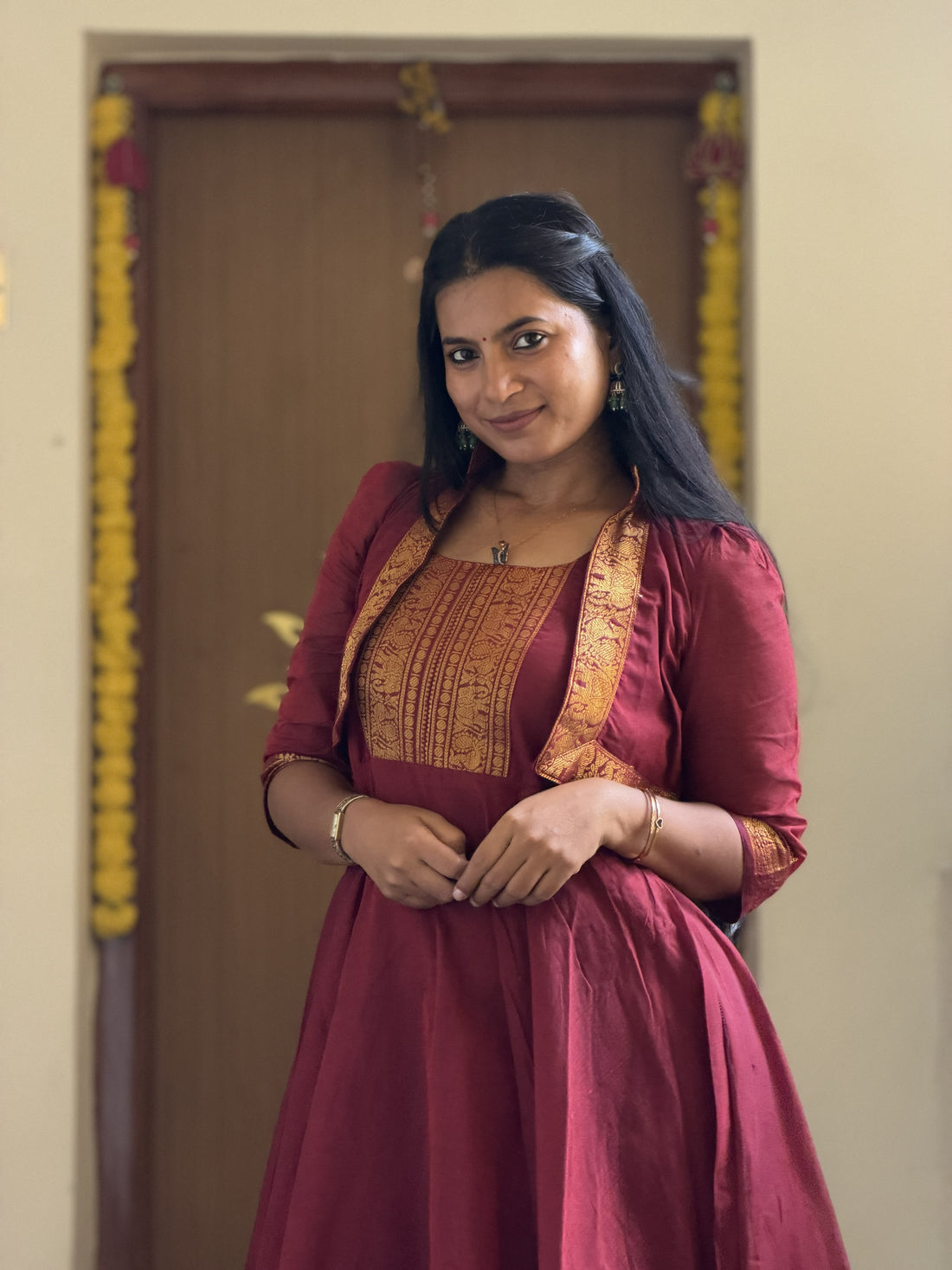 Chettinadu long Gown With Overcoat-Reddish maroon