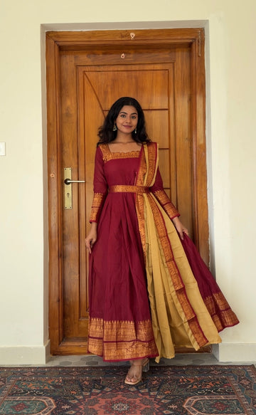 Chettinadu long Gown With Dupatta-Reddish Maroon 3in1