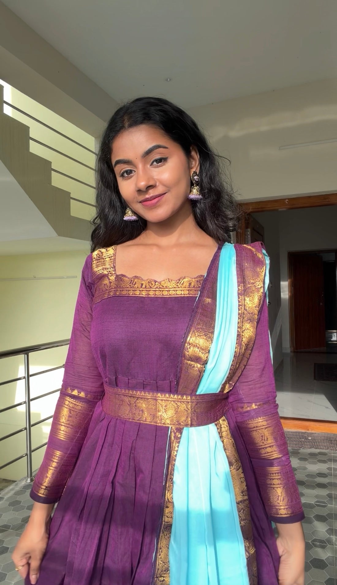 Chettinadu long Gown With Dupatta-Purple 3in1