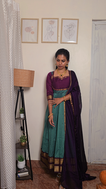 Kalyani Cotton Long Anarkali -Ramagreen and wine