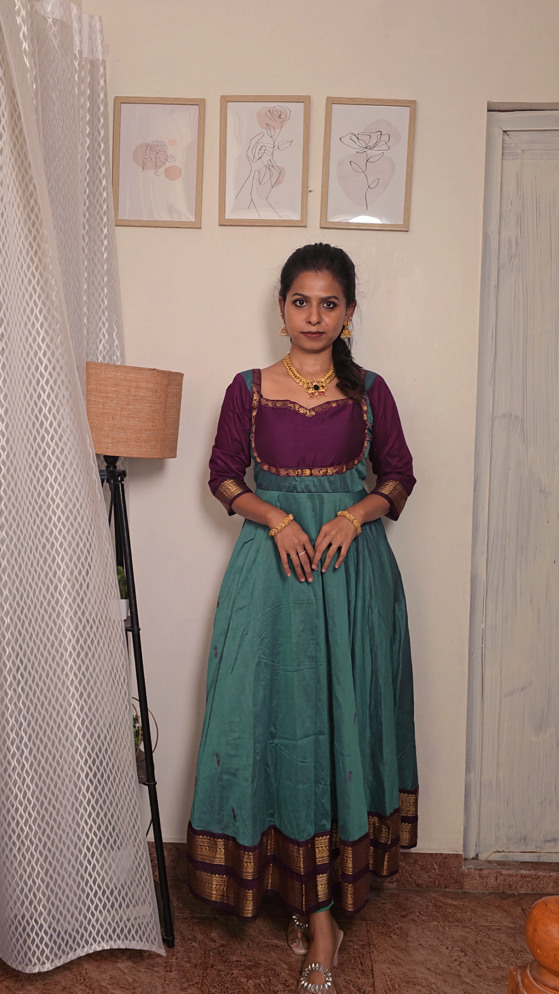 Kalyani Cotton Long Anarkali -Ramagreen and wine