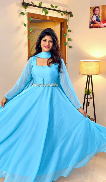 Geogette Pearl Gown- 3 Piece Set -Skyblue