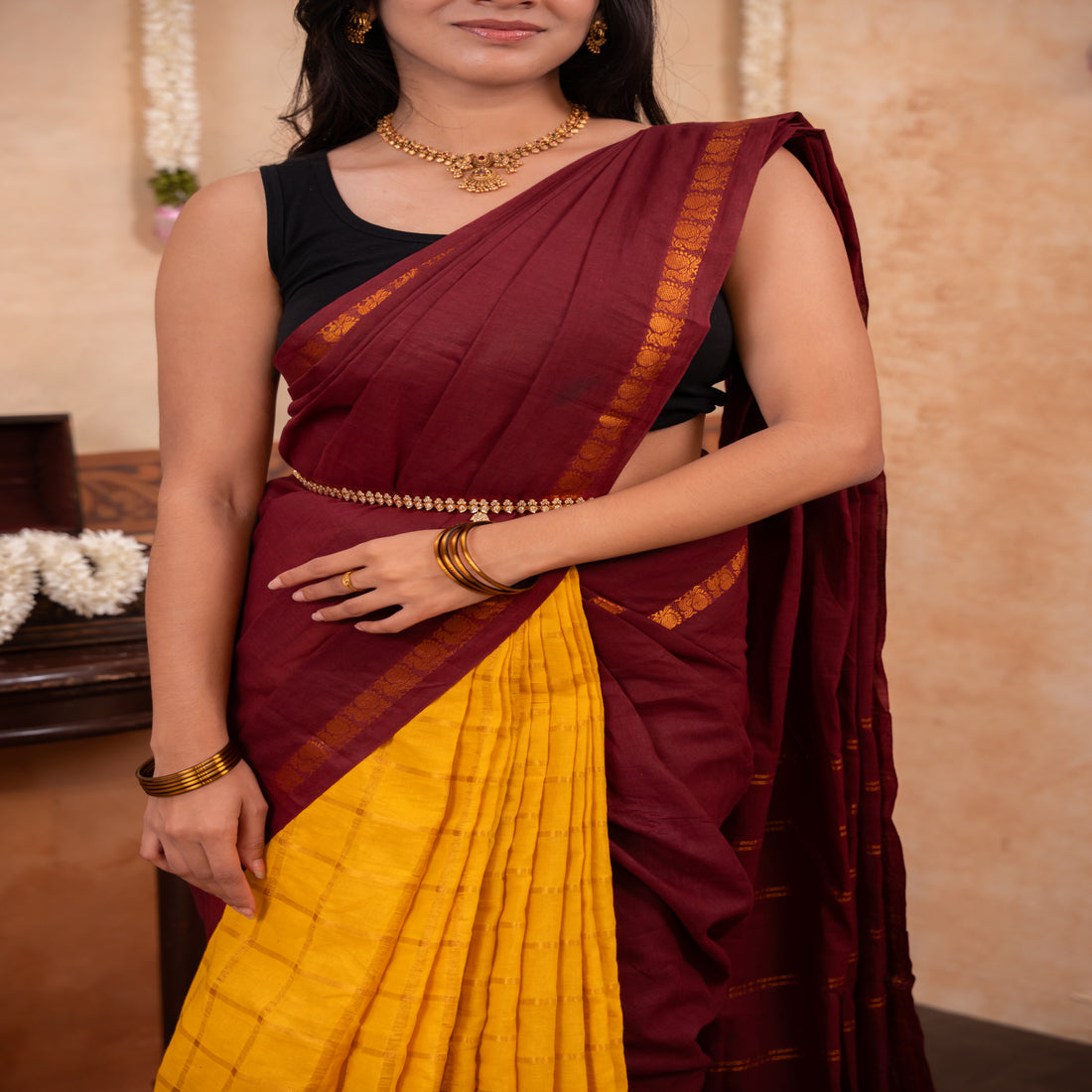 Sungudi fusion collection -Maroon and Yellow