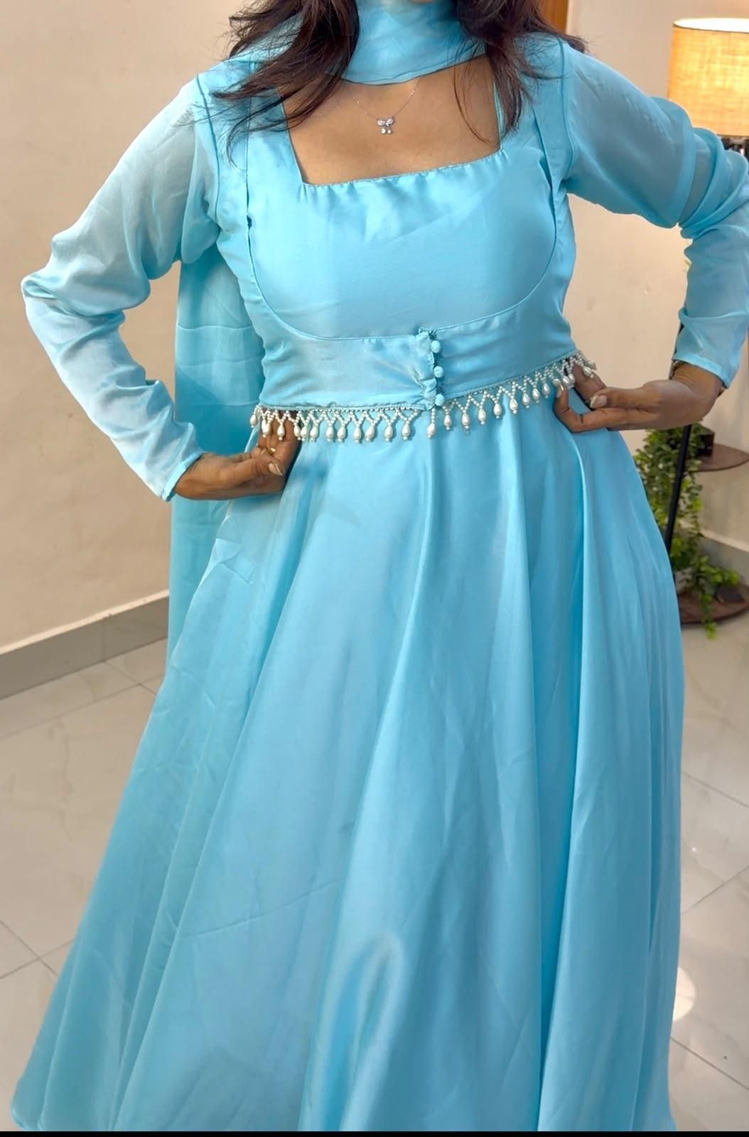 Geogette Pearl Gown- 3 Piece Set -Skyblue